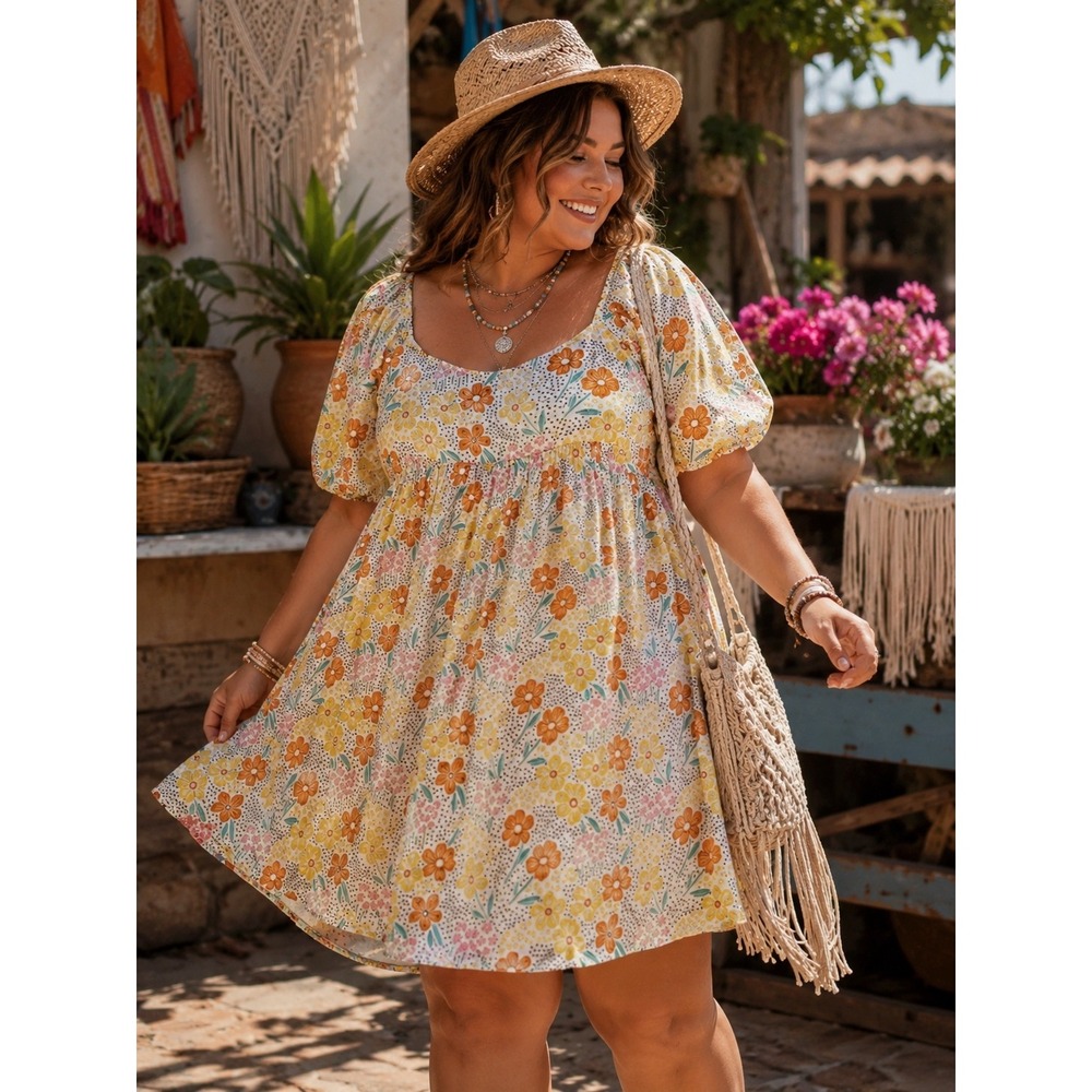 Maison Me Womens XL Floral Cotton Puff Sleeve Tie Back Babydoll Mini Dress Multi
